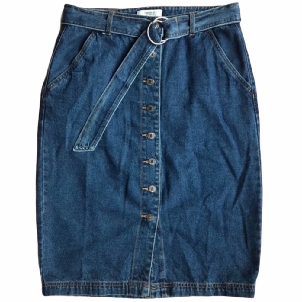 Forever 21 Belted Long Button Front Jean Skirt M